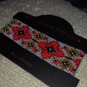 💕 Handmade Beaded Flower Bracelet • Vibrant Red & White Motif 💕 • Stain.Steel